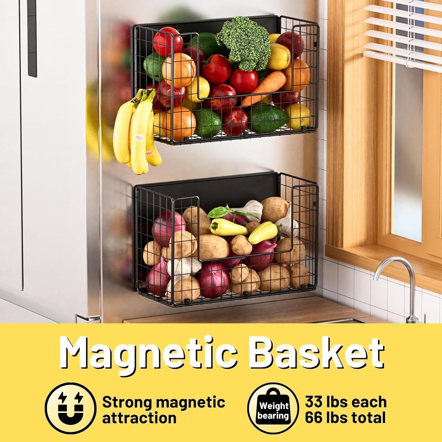 Magnetic Shelf for Fridge, Fruit Potato & Onion Storage Bins, Pantry Organizers & Storage, Large Container Magnetic Basket for Refrigerator, Kitchen Counter, Cabinet, Magnetic Fridge Organizer