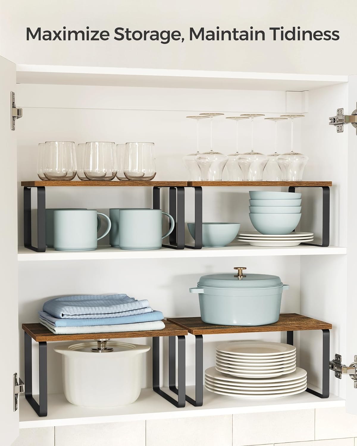 SONGMICS Cabinet Organizer Shelf, Set of 2 Kitchen Counter Shelves, Kitchen Storage, Spice Rack, Stackable, Expandable, Metal and Engineered Wood, Ink Black and Rustic Brown UKCS020X01