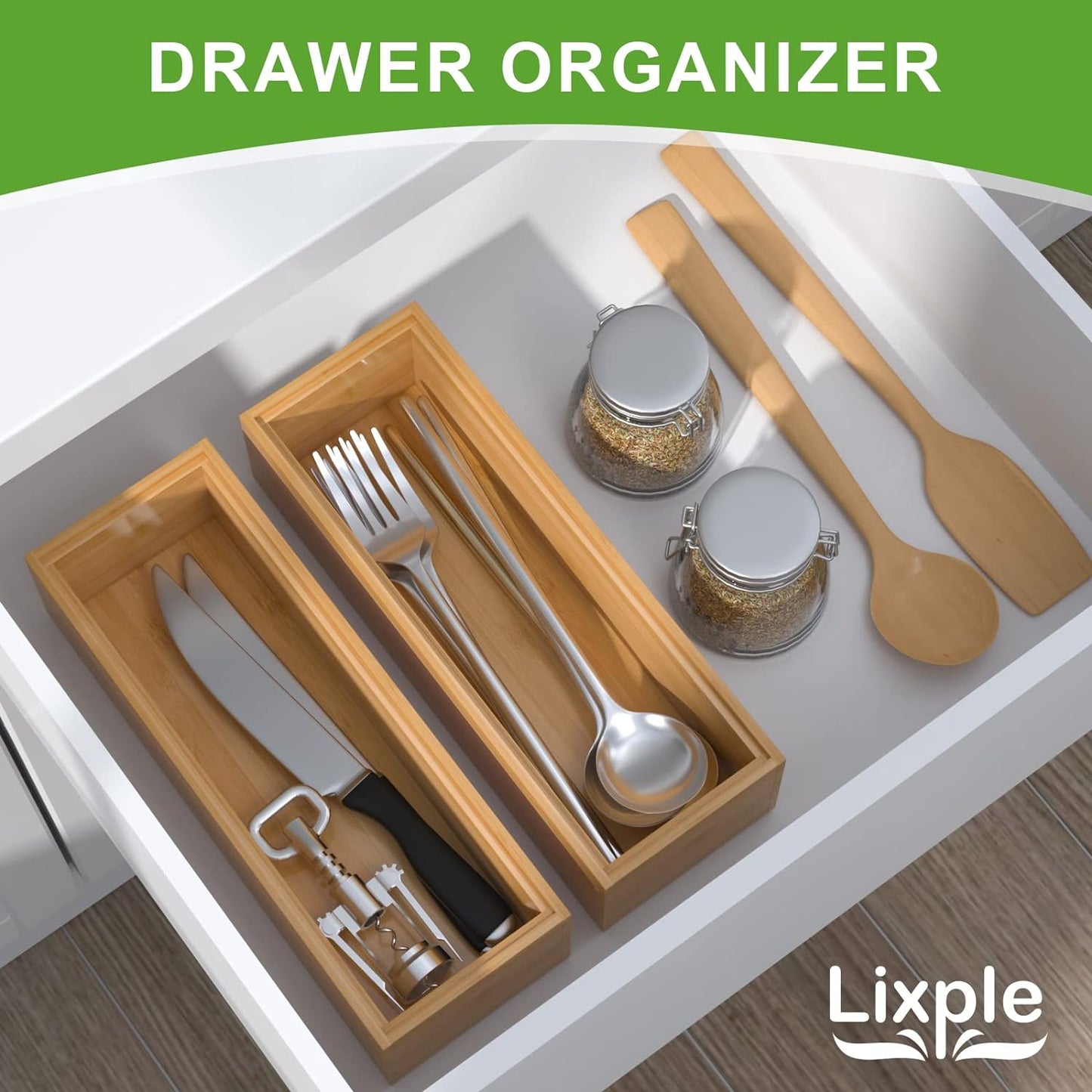Bamboo Drawer Organizer – Set of 2 Stackable Storage Boxes, Silverware Tray & Small Gadget Holder for Kitchen Drawers, 9" x 3" x 2" (Outer), 8.3" x 2.3" x 1.77" (Inner)