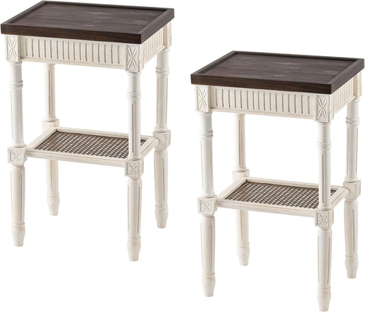 Rustic Farmhouse Cottagecore Accent End Table Set of 2, Distressed Accent Side Table with Espresso Tray Top and Woven Wicker Shelf, Boho, French Country Decor, Square, Weathered Brown & White