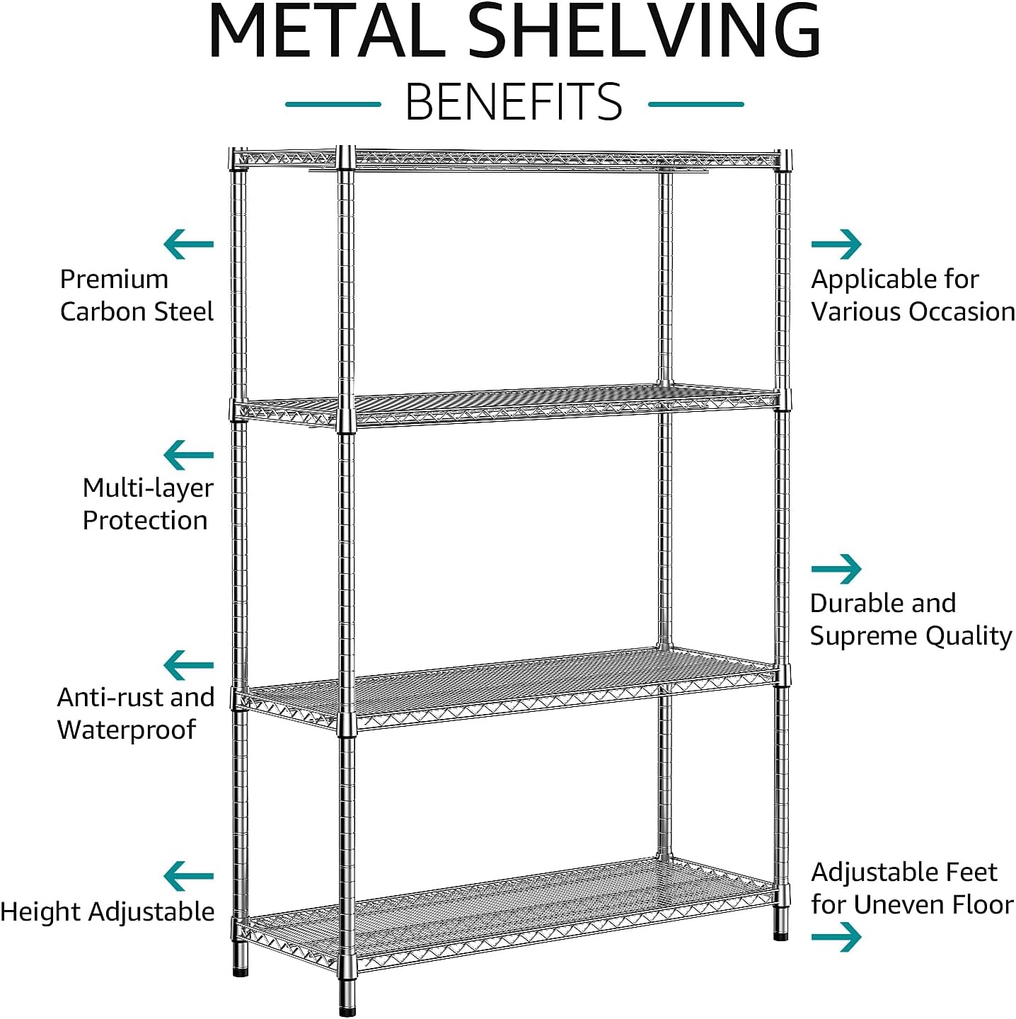 IZEUK 3400 LBS Garage Shelving Wide Storage Shelves 4 Tier Metal Shelves Heavy Duty Adjustable Utility Shelf Rack Chrome 17.7" D x 59.1" W x 70.4" H