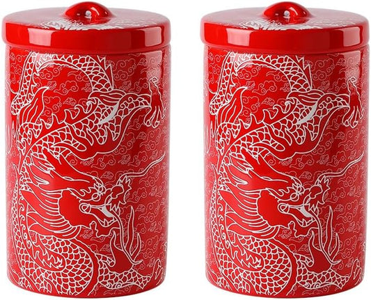 Porlien Chinese Dragon Porcelain 15-ounce Canisters Set of 2, Food Storage Containers with Lid for Coffee Beans, Tea, Condiments & Nuts