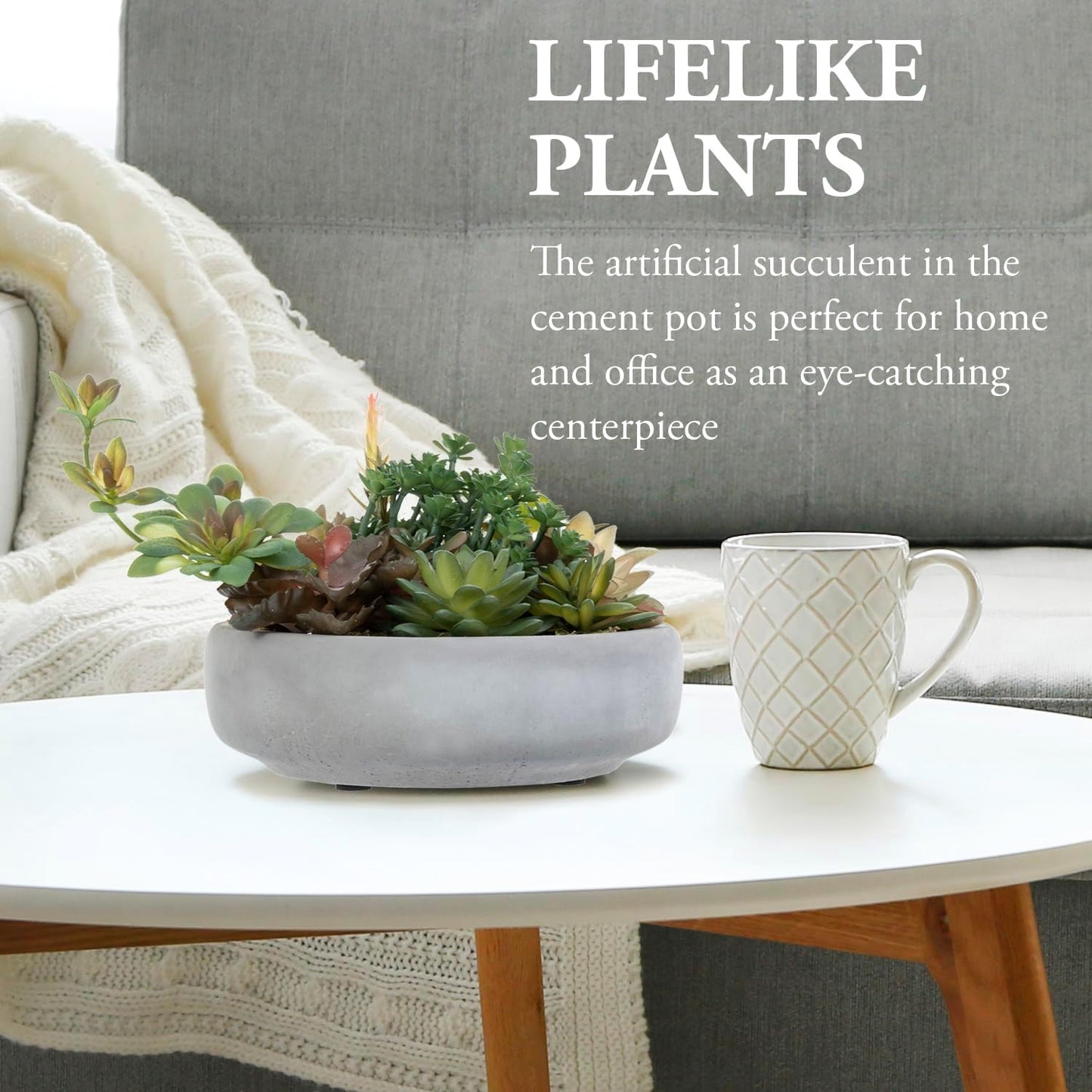 MyGift Assorted Indoor Fake Plants Artificial Succulent Arrangement in Round Gray Cement Planter Pot