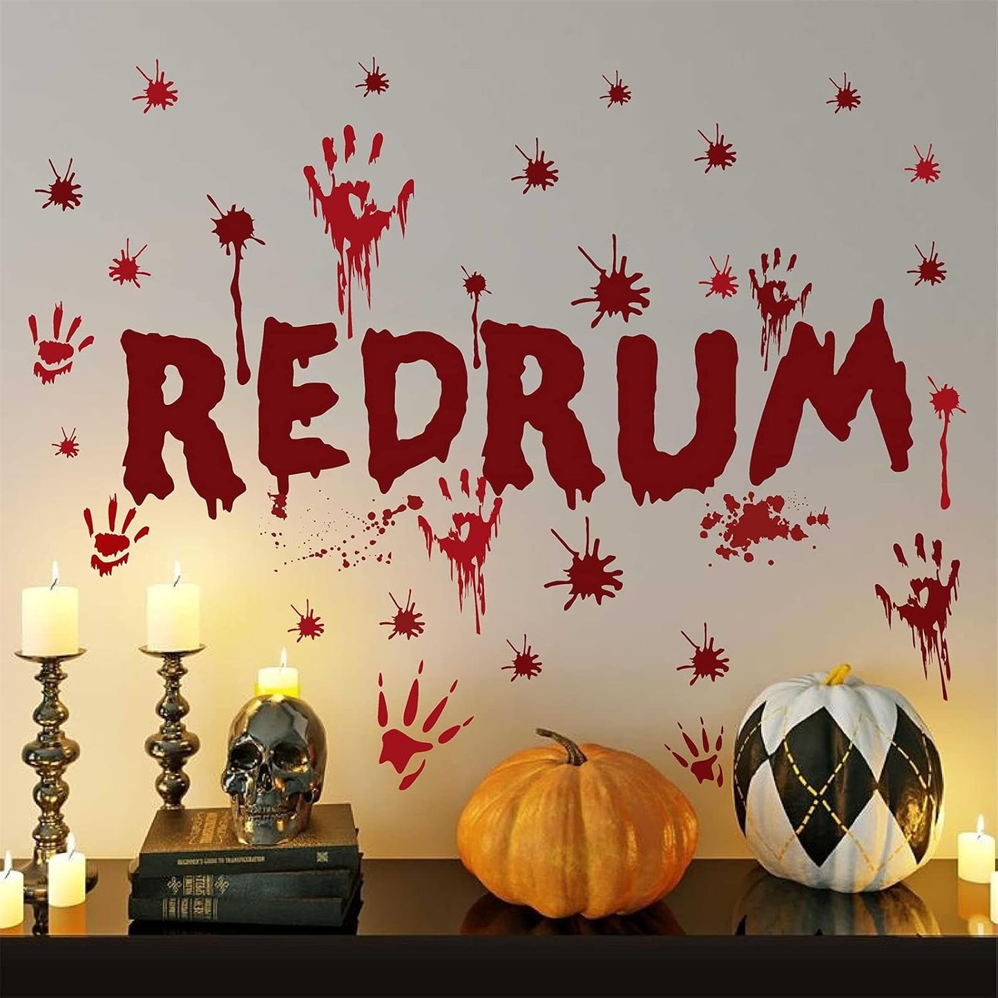 Halloween Redrum Murder Wall Decal Horror Ghost Hand Wall Decals Halloween Blood Splatter Decals Removable Peel and Stick Walls Stickers for Haunted House Party Window Decor