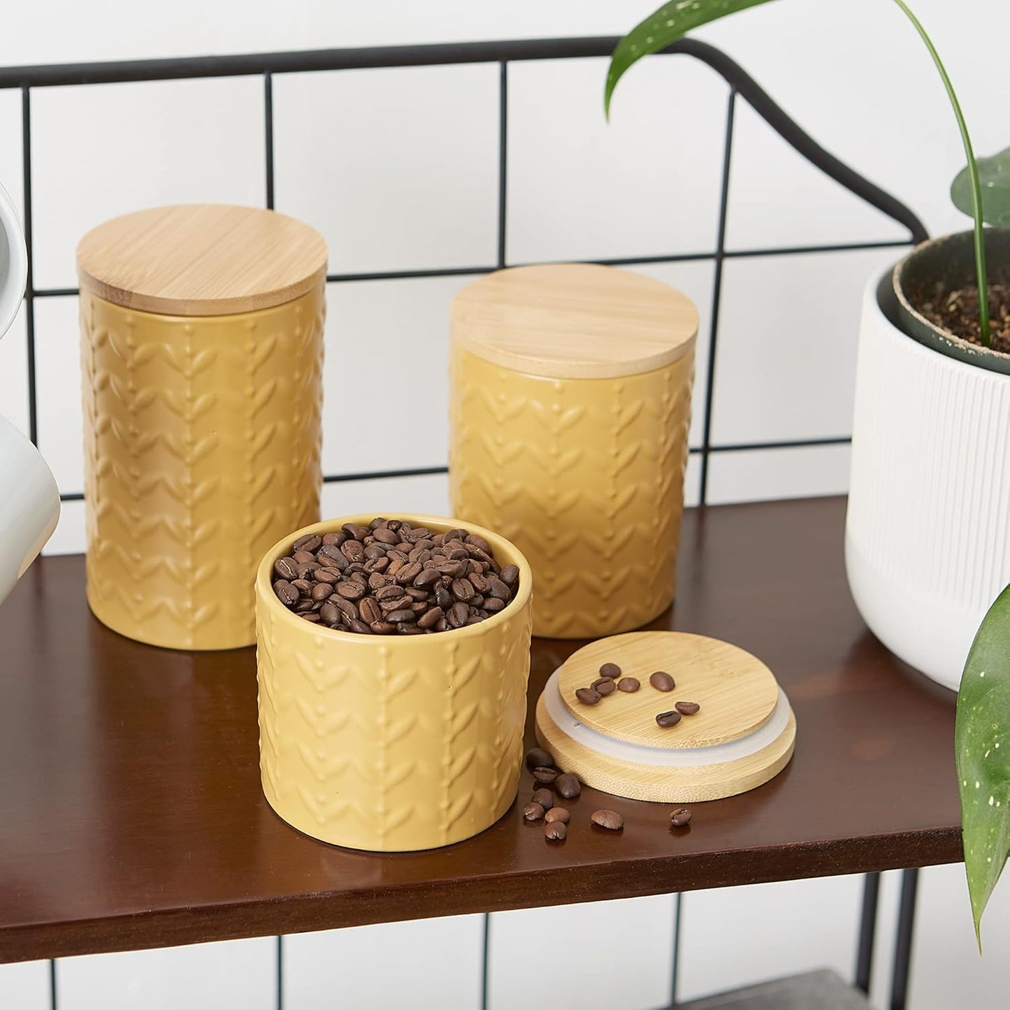 DII Kitchen Accessories Collection, Textured Matte Ceramic Canister Set, Honey Gold, Vine, 3 Piece
