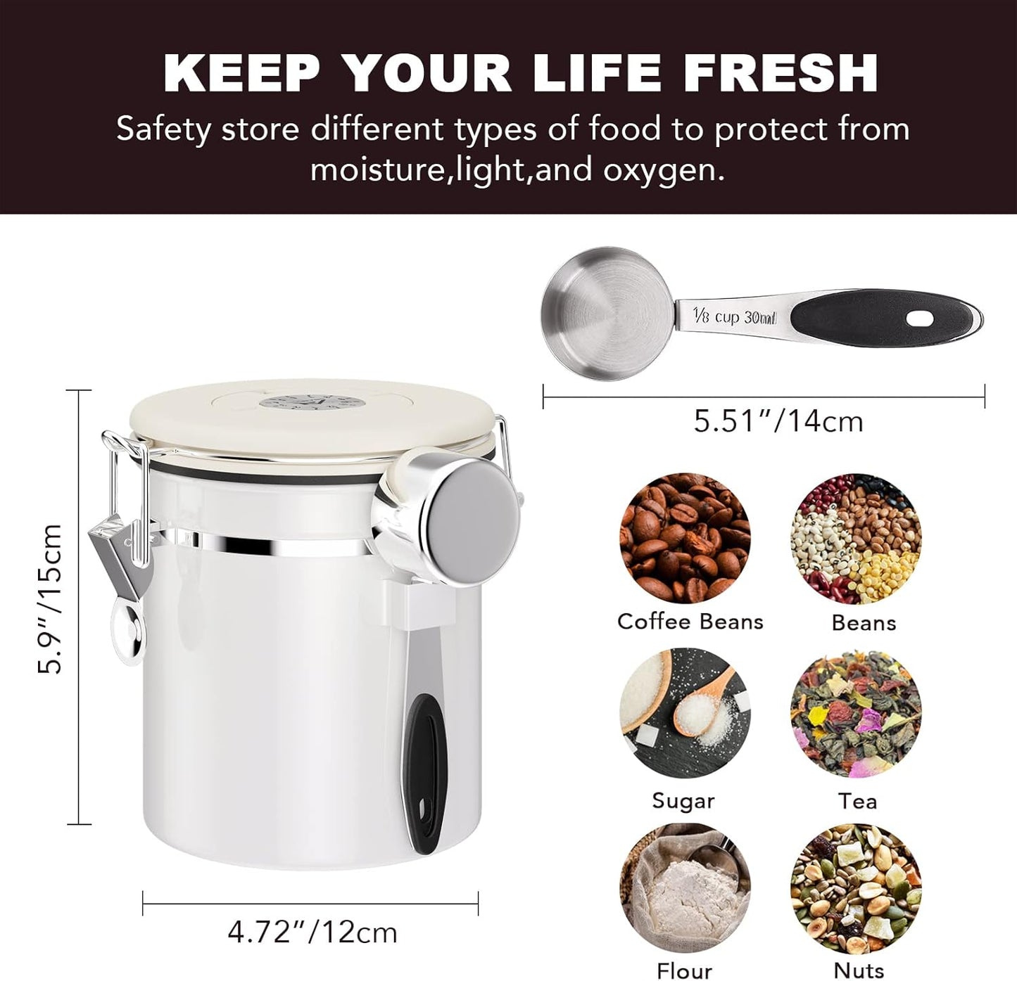 ShanSon Coffee Canister Airtight Coffee Container Stainless Steel Coffee Bean Storage Container with CO2 Release Valve and Scoop Coffee Canister for Beans,Grounds,Sugar,Flour,Tea,Cereal,16OZ,Off-White