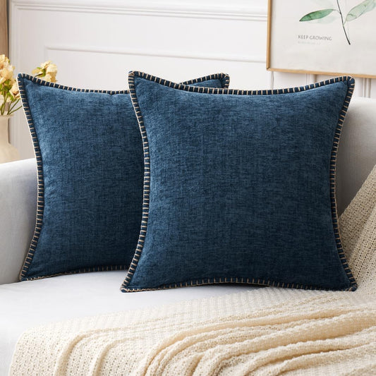 MIULEE Pack of 2 Couch Throw Pillow Covers 18x18 Inch Coastal Navy Blue Farmhouse Decorative Pillow Covers with Stitched Edge Soft Chenille Solid Dyed Spring Pillow Covers for Sofa Bed Living Room
