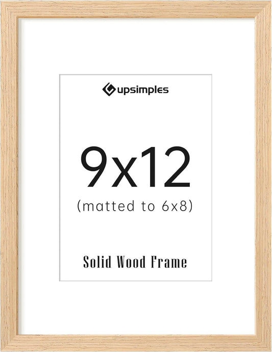 upsimples 9x12 Frame, Natural Solid Wooden Picture Frames, Display 6x8 with Mat or 9 x 12 Without Mat, Wall or Tabletop, 1 Pack, Natural