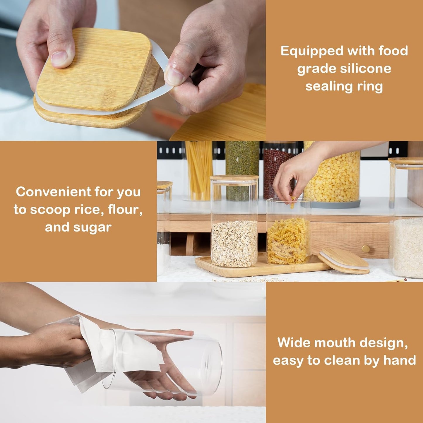 22oz Airtight Square Spice Containers with Bamboo Lid Set of 6 (650ml) Kitchen Pantry Organization Jar Stackable Spice Jar, for Sugar, Tea, Cookies and Coffee beans (‎with Black Lable)