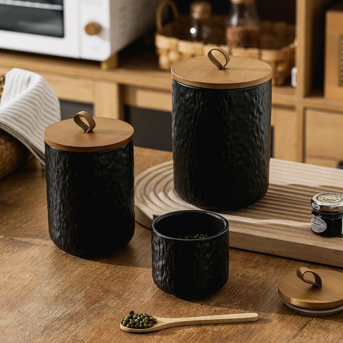 Black White Ceramic Coffee Canister Tea Canister with Seal Wood Lid, Airtight Coffee Storage Container for Coffee Bean, Ground Coffee, Sugar, Cookie Candy jar (Black three piece)