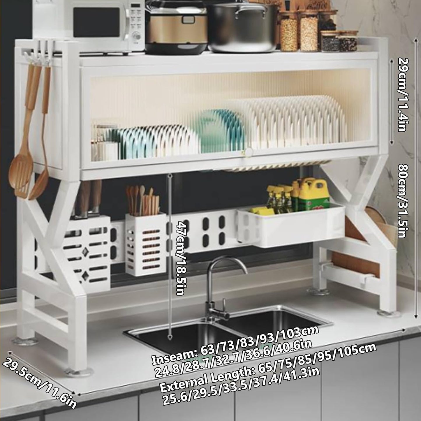 Kitchen sink rack dishwashing sink countertop dustproof cupboard storage multifunctional tableware storage drain rack double layer,KeepKitchen Sink Shlef Organized Space-Saving(White,85cm/33.5in)