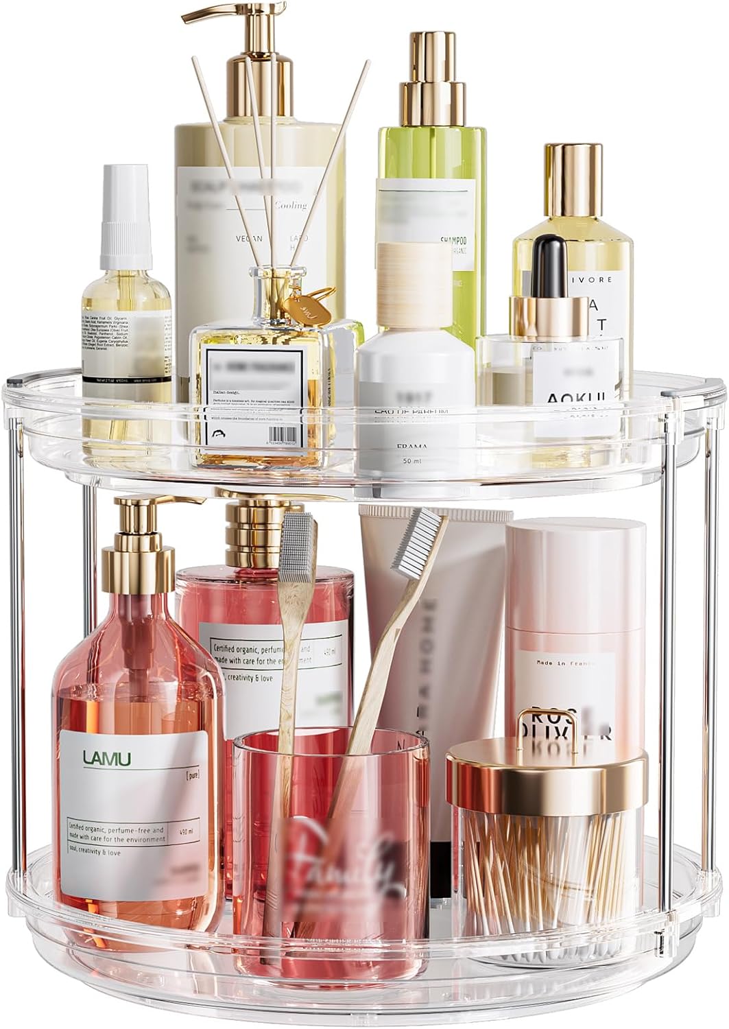 LAMU 10.6in Rotating Makeup Organizer for Vanity, 2 Tier Lazy Susan Turntable Stackable Spinning Skincare Organizer Cosmetic Perfume Tray for Bathroom Counter, Large Capacity, Clear