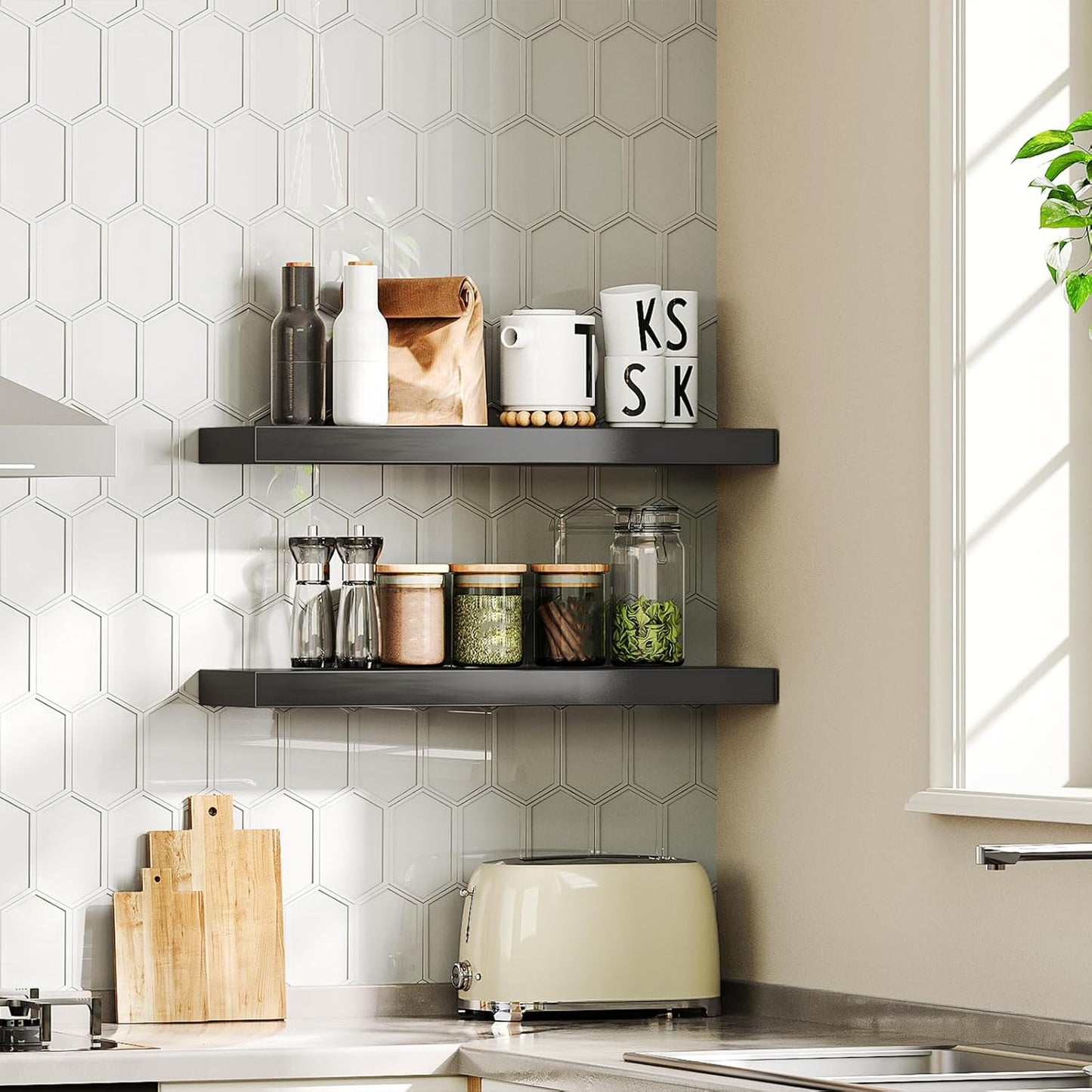 HOOBRO Floating Shelves for Wall, Wall Mounted Shelf Set of 2, 23.6" Hanging Shelf with Invisible Brackets, for Wall in Bathroom, Bedroom, Toilet, Kitchen, Living Room, Office, Black BK60BJ01