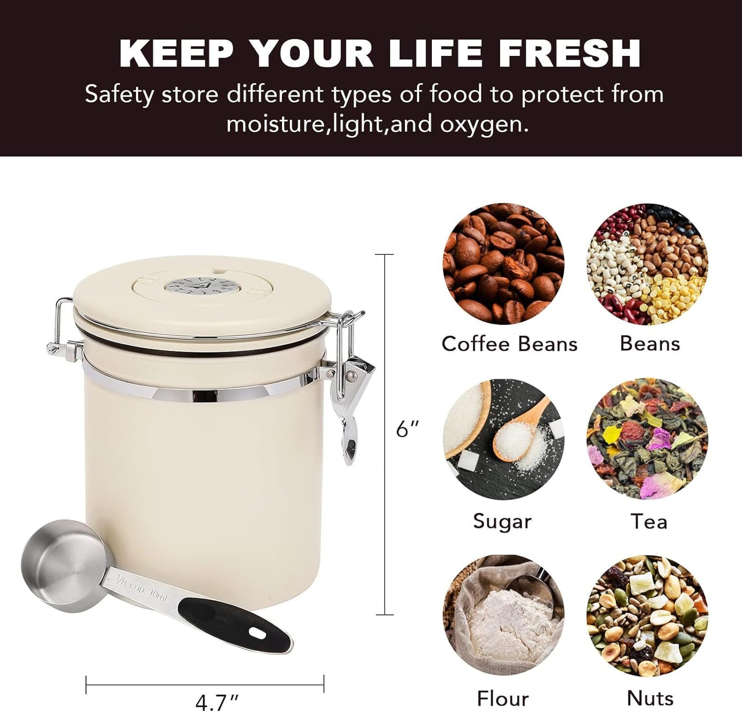 ShanSon Coffee Canister Airtight Coffee Container Stainless Steel Coffee Bean Storage Container with Scoop Coffee Canister for Beans Grounds Sugar Flour Tea Cereal,16OZ, Beige