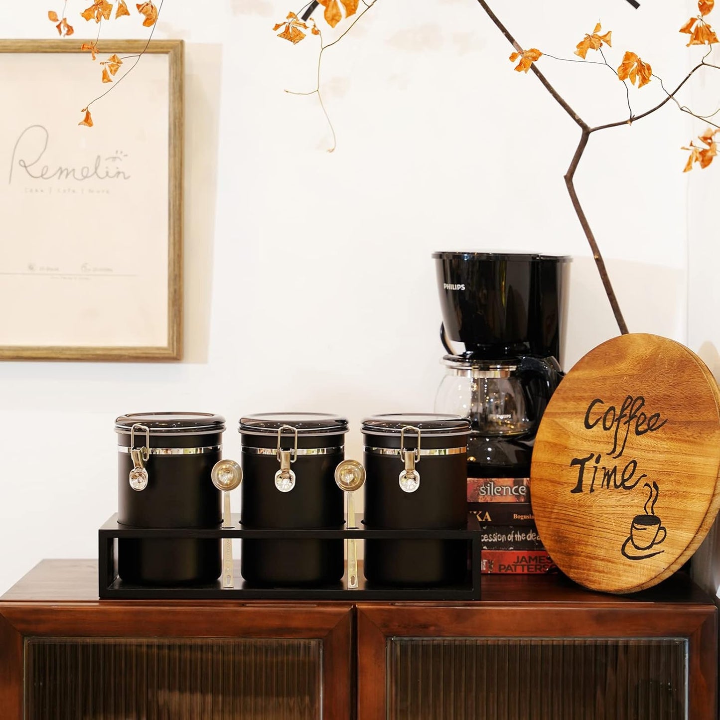 Yangbaga 3x63OZ Sugar Coffee Canisters with Shelf, 304 Stainless Steel Coffee Station Container for Ground Coffee Bean Storage with Airtight Locking Clamp&Scoop, Cereal Containers Storage for Kitchen