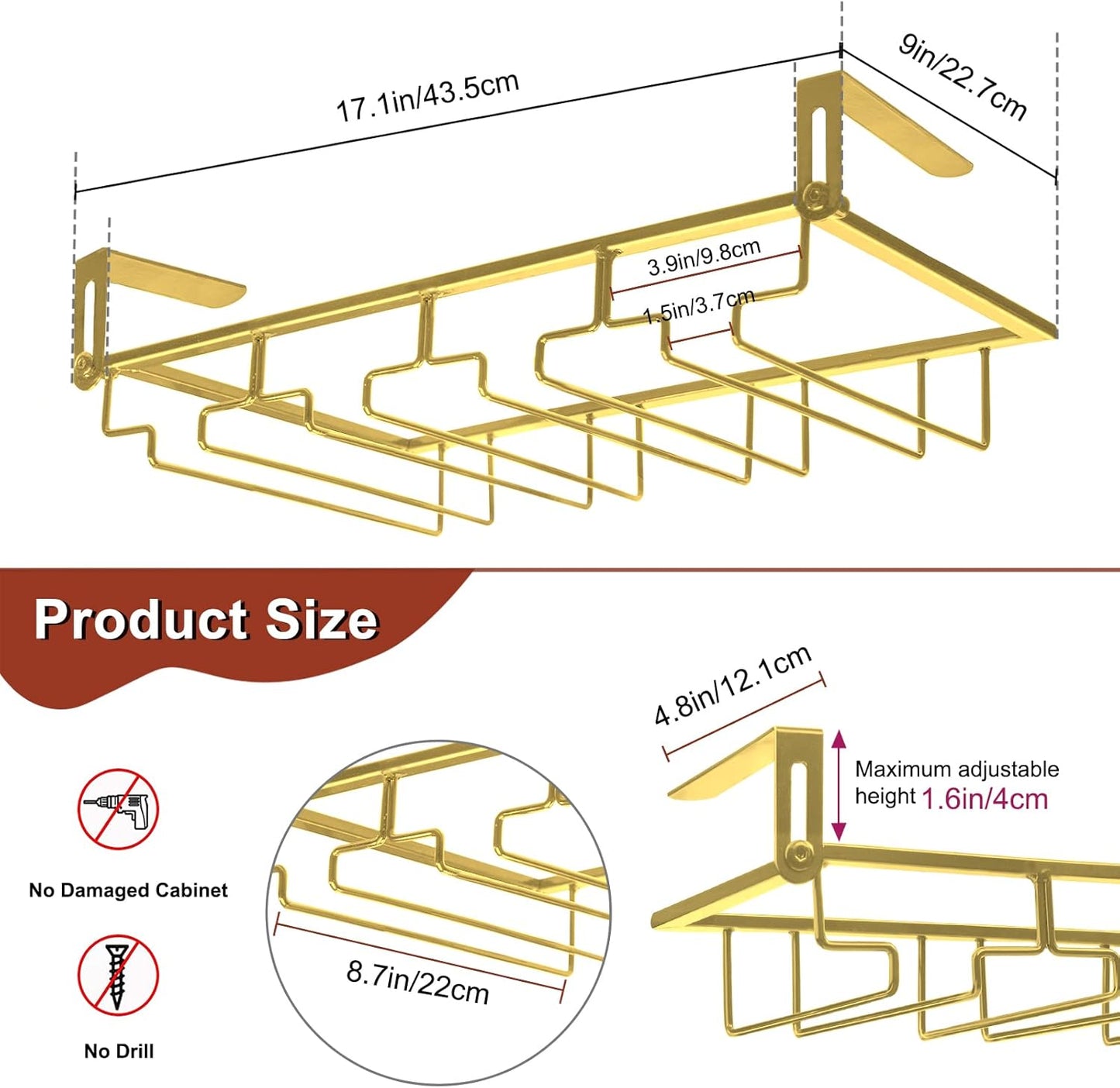 AUHOKY Adjustable Wine Glass Holder Under Shelf, Nail Free Metal Stemware Holder Storage Hanger, Hanging Wine Glasses Rack Organizer Under Cabinet Mount for Bar Kitchen (4 Rows, Gold)