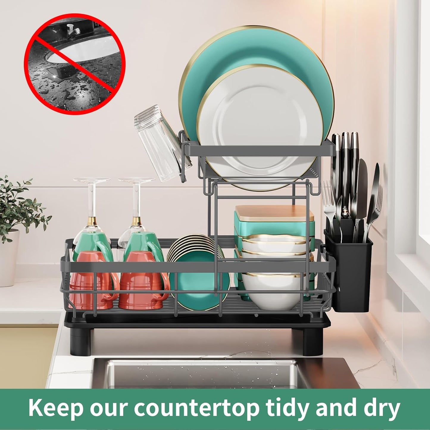 MOUKABAL Dish Drying Rack, 2 Tier Dish Rack, Large Dish Racks for Kitchen Counter, Dish Drainer with Removable Utensil Holder, Drainboard (Grey)