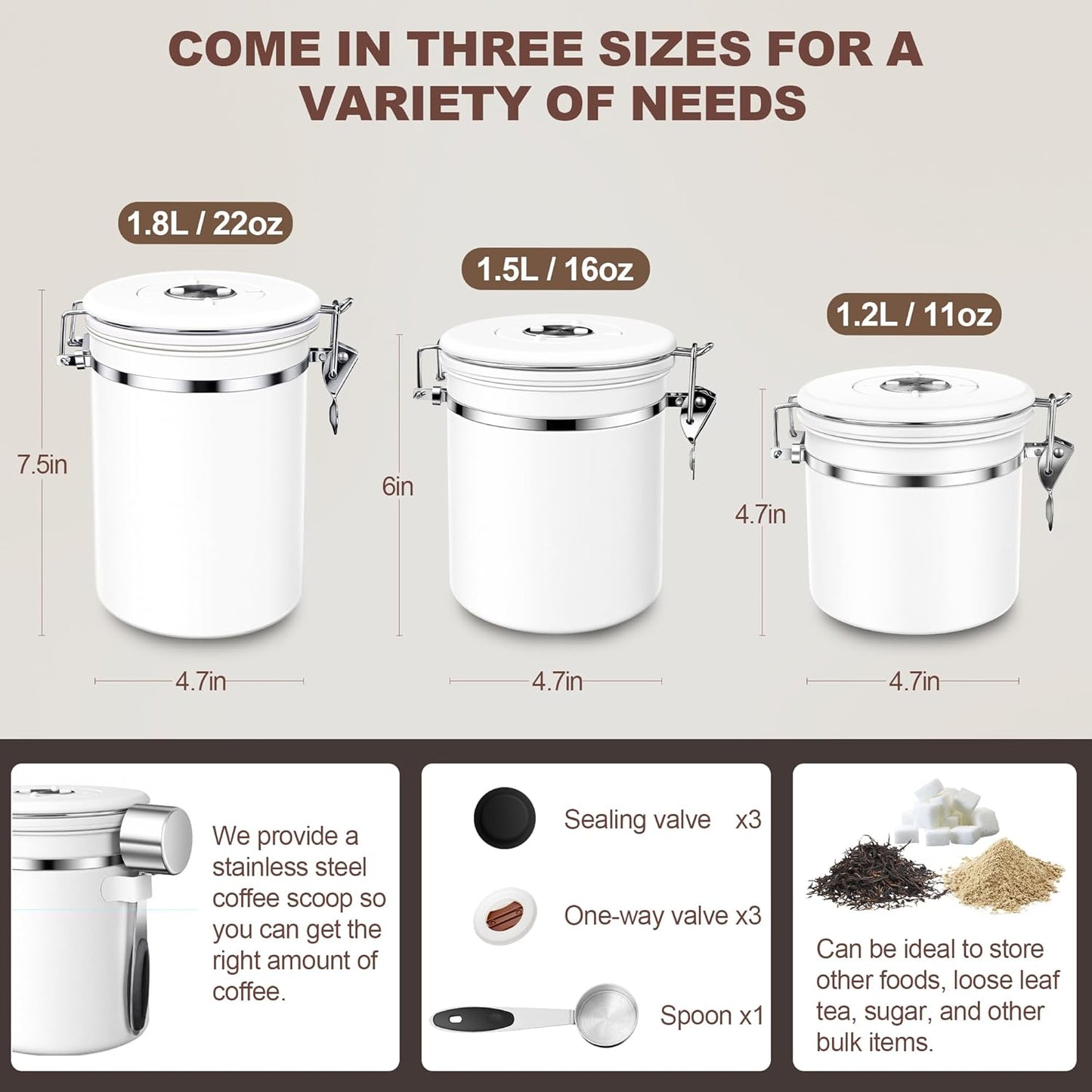ShanSon Coffee Canister Airtight Coffee Container Stainless Steel Coffee Bean Storage Container with Scoop Coffee Canister for Beans Grounds Sugar Flour Tea Cereal,16OZ, White