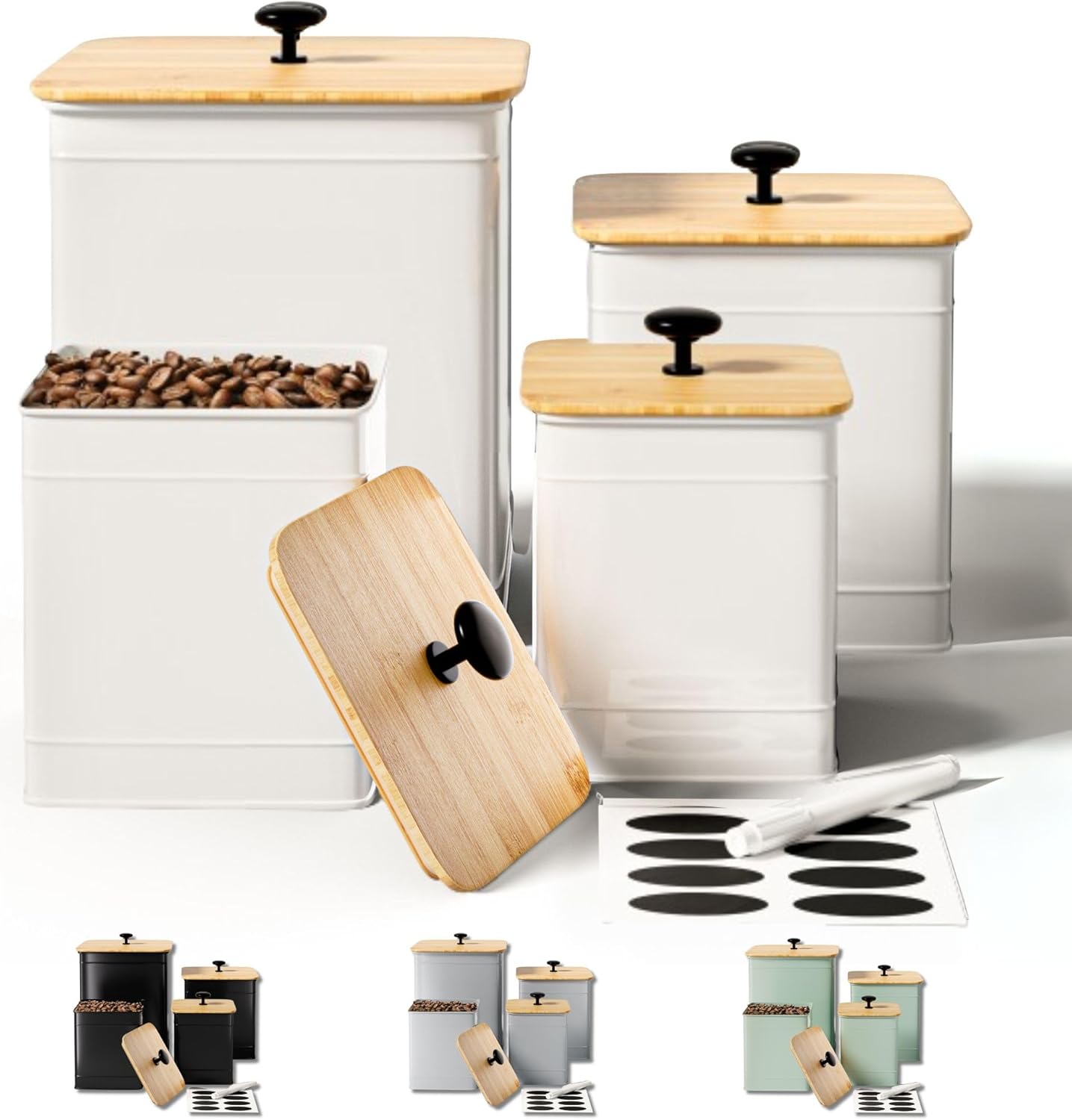 Kitchen Canisters for Countertop Set of 4 with Customizable Chalkboard Labels & Marker Pen - Big Iron Kitchen Canisters with Airtight Lids - Canisters Sets for the Kitchen - White Kitchen Canister Set