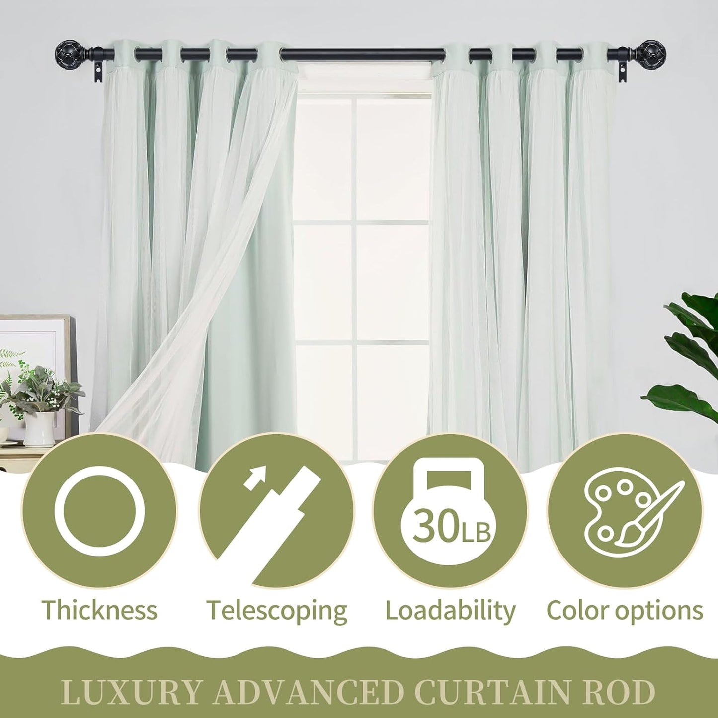 Black Adjustable Curtain Rods for Windows:36-88" Farmhouse Heavy Duty Curtain Rod for Bedroom Living Room,Boho Decorative Rustic Drapery Rods with Vintage Coastal Texture Finial,Matte Black
