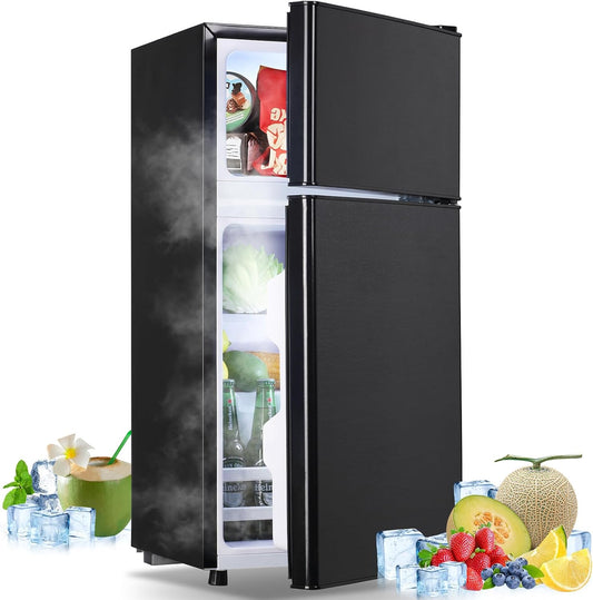 Mini Fridge with Freezer Small Refrigerator Double Door Dorm Fridge for Single Removable Shelves for Bedroom, Office, Dorm Black