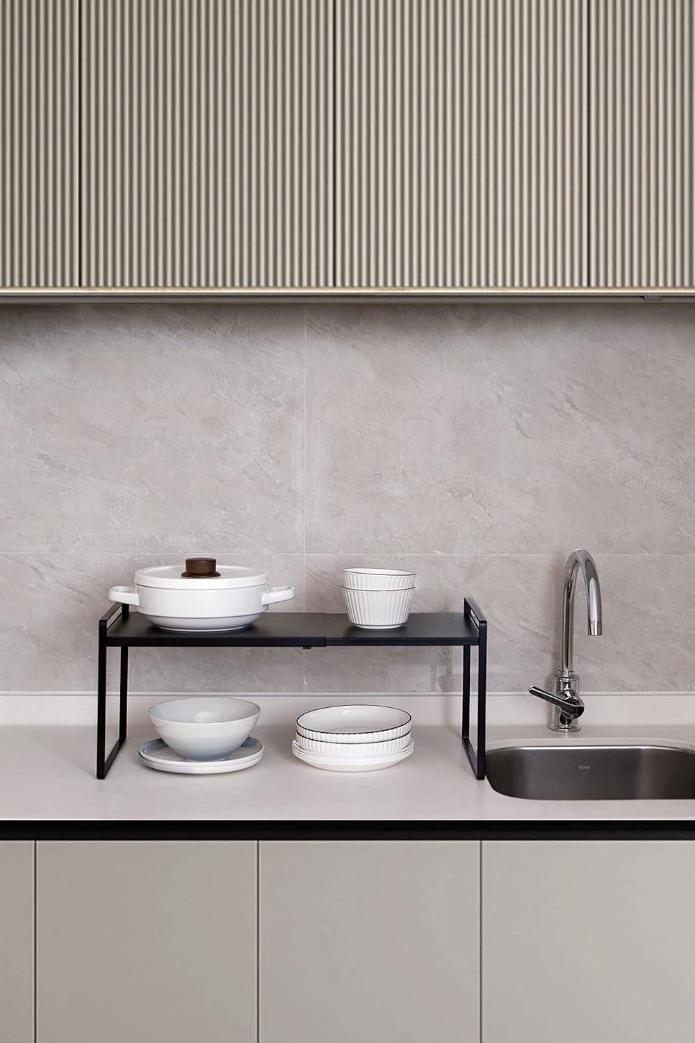 Nxconsu Expandable Cabinet Shelf Organizer Riser for Kitchen Pantry Cupboard Under Sink Countertop Home Storage Organization Rack Space Saver Freestanding Heavy Duty Nonslip Stackable Black