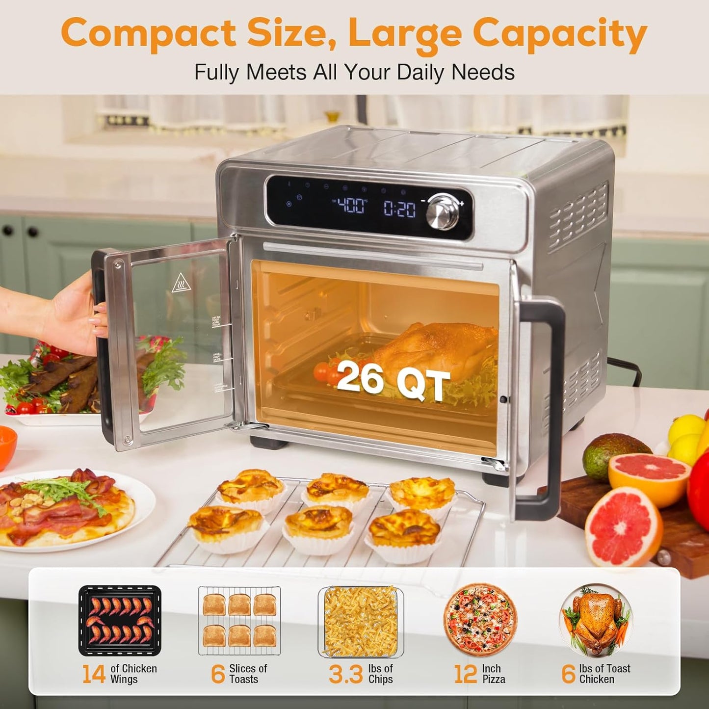 Romswi 26QT French Door Air Fryer Toaster Oven Combo, 24 Cooking Functions and Digital Controls, Fits 12" Pizza, 6 Slices of Toast, Rotisserie 6lb Chicken, 6 Accessories Included