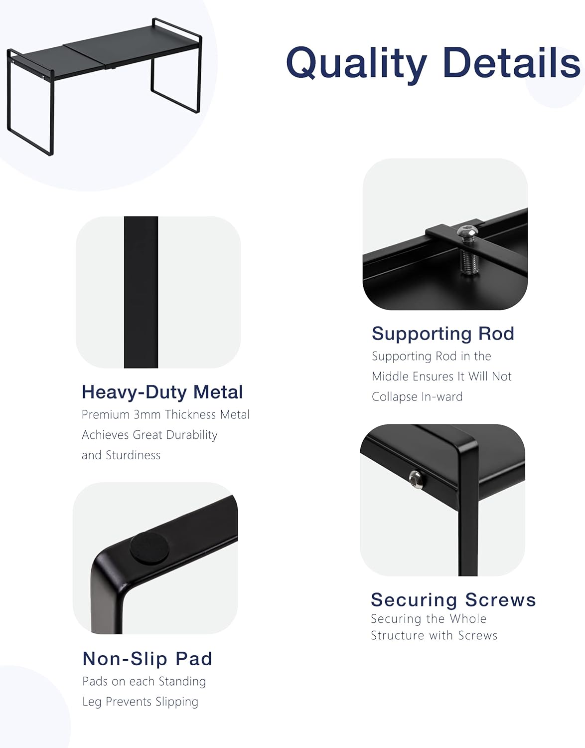 Nxconsu Expandable Cabinet Shelf Organizer Riser for Kitchen Pantry Cupboard Under Sink Countertop Home Storage Organization Rack Space Saver Freestanding Heavy Duty Nonslip Stackable Black