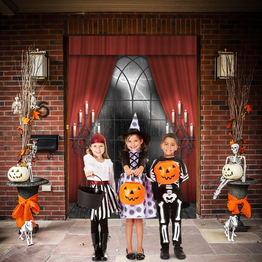 Renaiss 4x6ft Vintage Gothic Window Backdrop Red Curtain Candlestick Black Floor Lightning Stormy Sky Vampire Medieval Castle Photography Background Halloween Dress Up Party Decors Photo Booth Props
