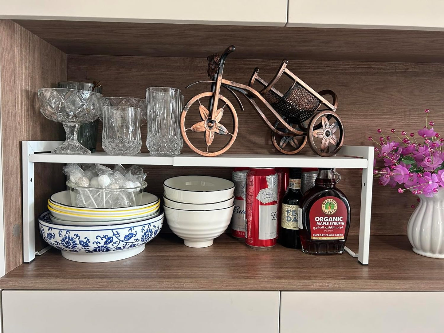 Expandable Cabinet Shelf Organizer 16-26" L Stackable Kitchen Counter Shelf Rack Stand Sink Riser Countertop Storage White (Normal 7.9”D)