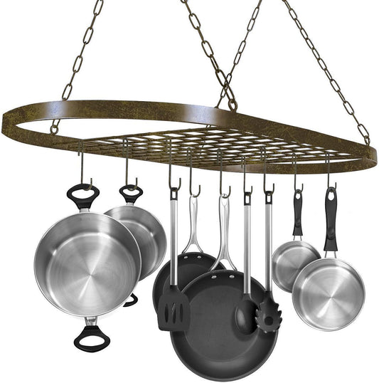 Sorbus® Pot and Pan Rack for Ceiling with Hooks — Decorative Oval Mounted Storage Rack — Multi-Purpose Organizer for Home, Restaurant, Kitchen Cookware, Utensils, Books, Household (Rustic)