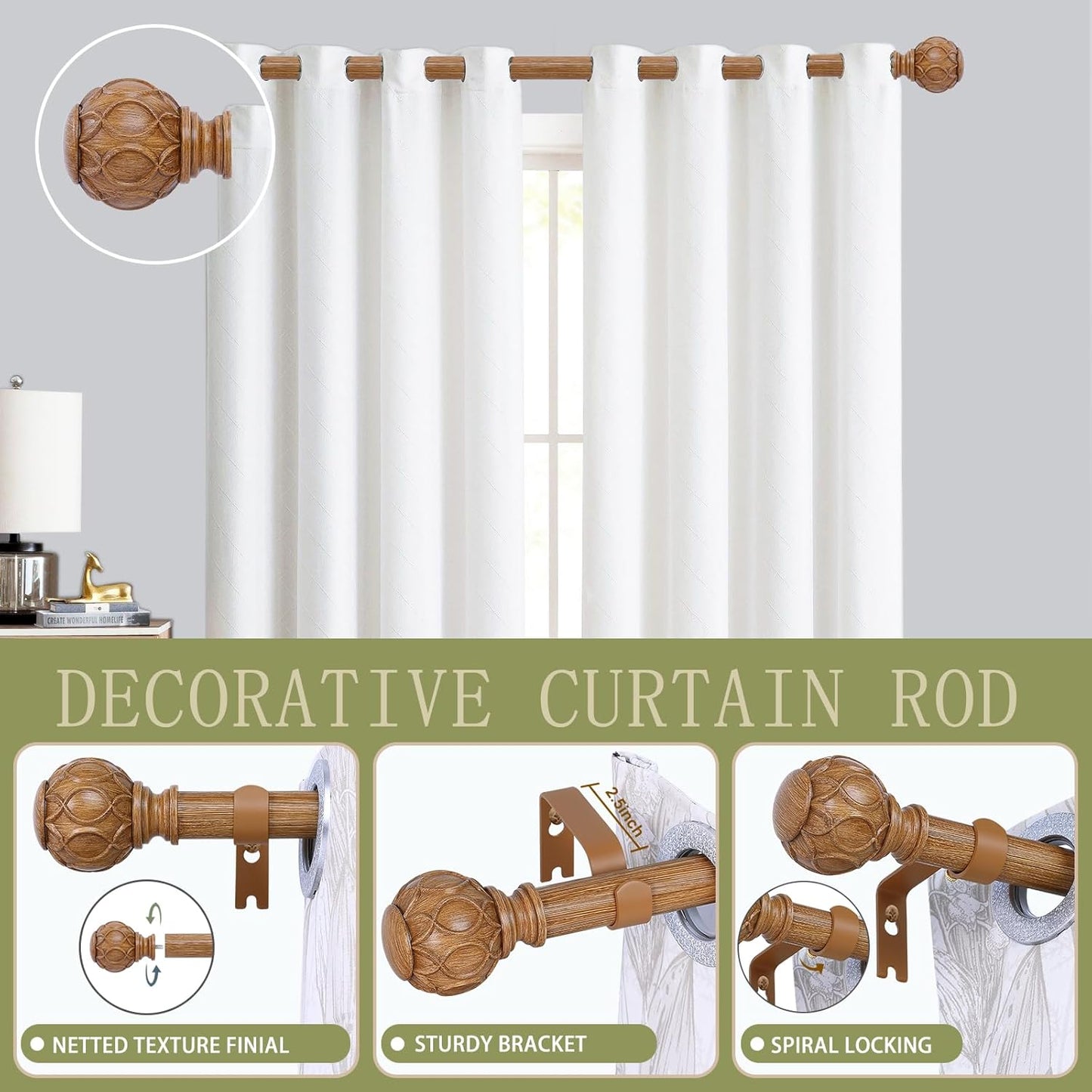 Wood Boho Curtain Rods for Windows:72-144Inch Wooden Farmhouse Curtain Rod for Bedroom Living Room,Heavy Duty Adjustable Rustic Decorative Drapery Rod with Vintage Imitation Wood Finial,Brown