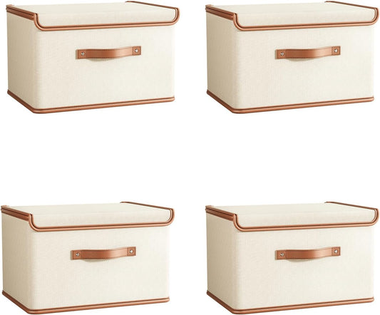 Tuza 4 Pack Storage Bins with Lids, Collapsible Closet Organizer Container, Fabric Organizer Box with Handles, Decorative Storage Boxes with Lids for Organizing Clothes, Blanket, White, Extra Large