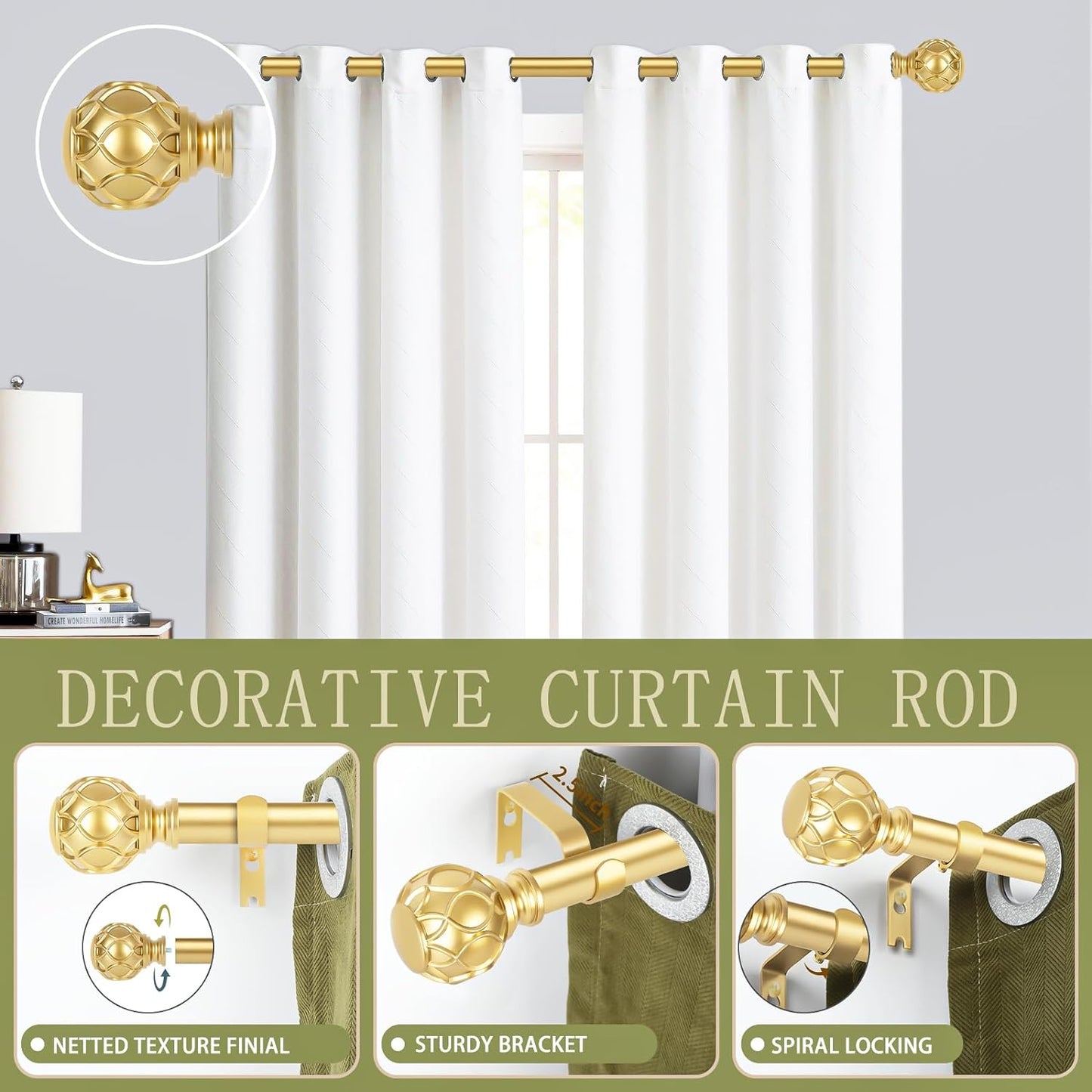 Gold Adjustable Curtain Rods for Windows:36-88 Inch Farmhouse Heavy Duty Curtain Rod for Bedroom Living Room,Boho Decorative Rustic Drapery Rods with Vintage Coastal Texture Finial,Brass Gold