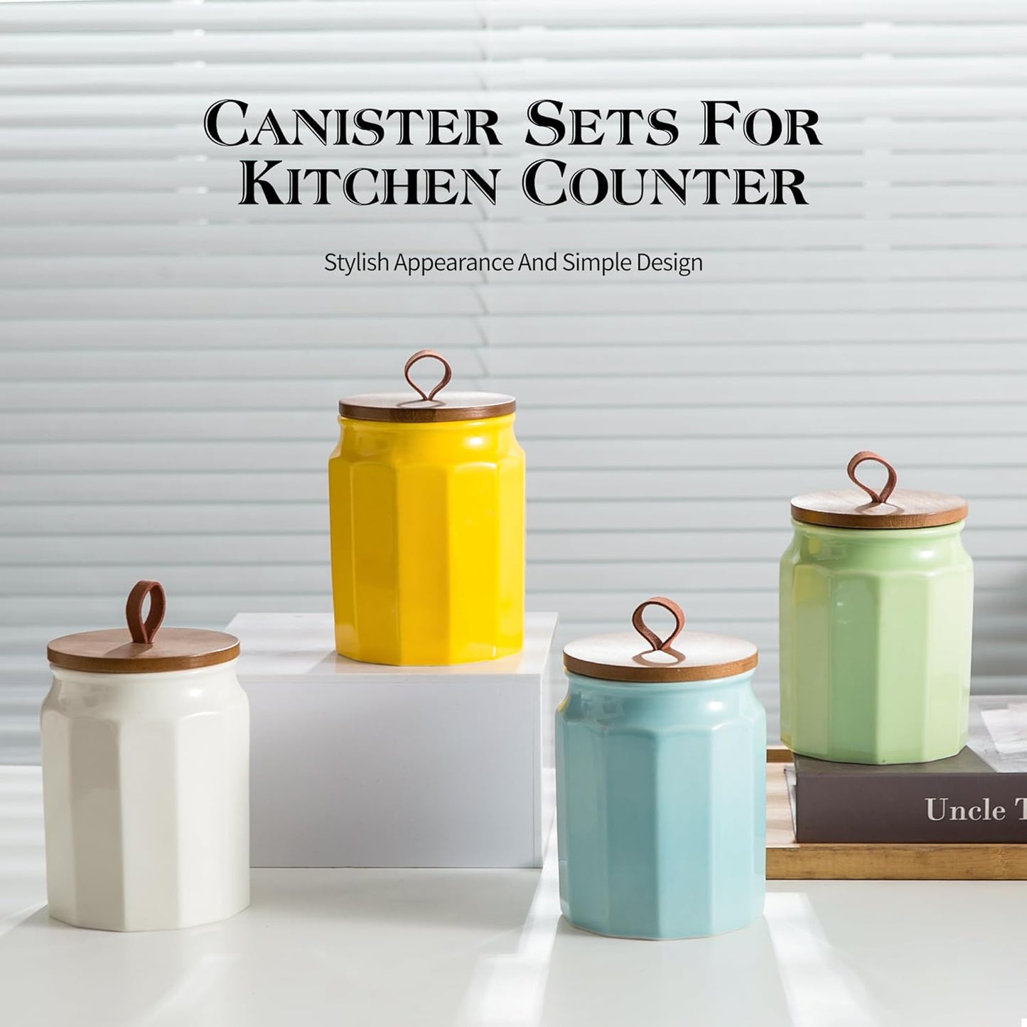 Canister Sets for Kitchen, Kitchen Canisters for Countertop with Airtight Wood Lid, Ceramic Food Storage Containers and Sugar Container for Coffee, Flour, Tea, Candy, Cookie, Spice