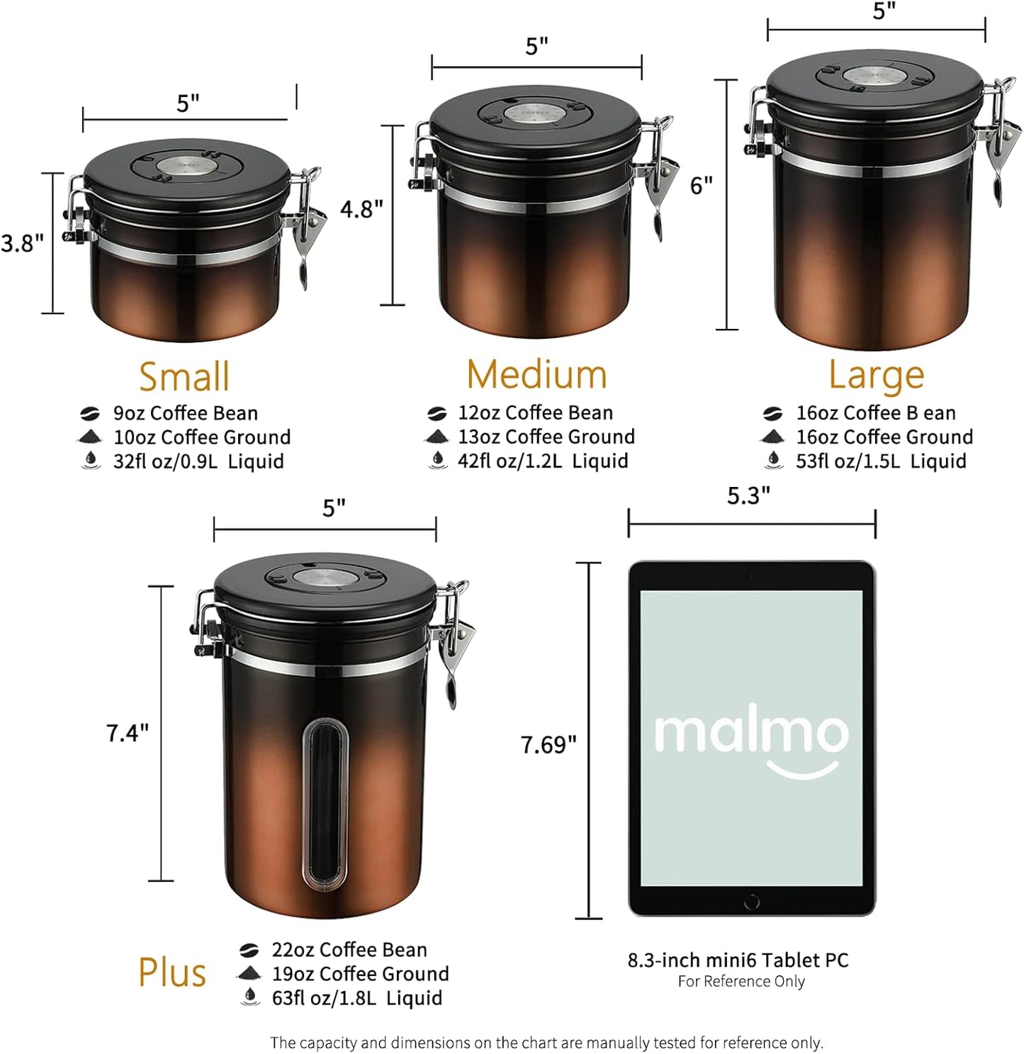 malmo Coffee Canister, Airtight Coffee Container with Date Tracker Lid, Stainless Steel Canister for Kitchen Food Storage (Black-Copper, 16oz)