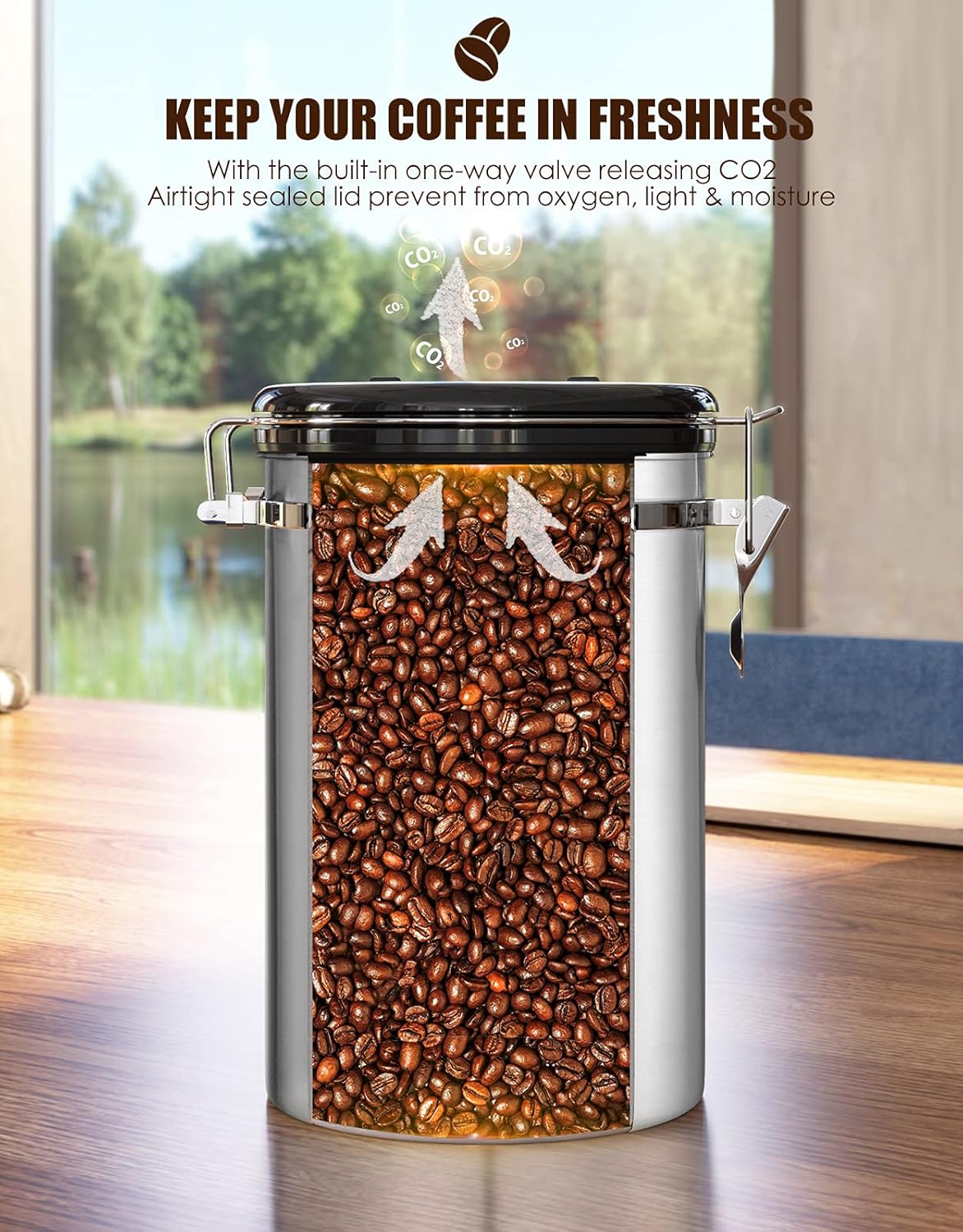 Airtight Coffee Canister, HAIOOU 22OZ Large Stainless Steel Coffee Bean Storage Container with Date Tracker, Measuring Scoop, 6Pcs CO2 Valves and Mini Tongs for Beans, Grounds, Sugar and more - Silver