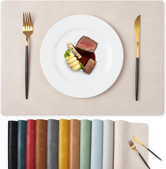 MOSAYT Vinyl Placemats Set of 6-12 X 17 Inch - Faux Leather 100% Waterproof Oil-Proof Wipeable PU Place Mats, Heat Resistant Reversible Table Mats for Kitchen, Dining, Outdoor (Beige)