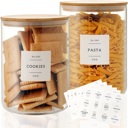 Set of 2 Large Glass Flour and Sugar Containers - 100 Fl oz Thicken Glass Storage Jars with Airtight Bamboo Lid and 132 Kitchen Pantry Labels - Big Clear Rice Containers Farmhouse