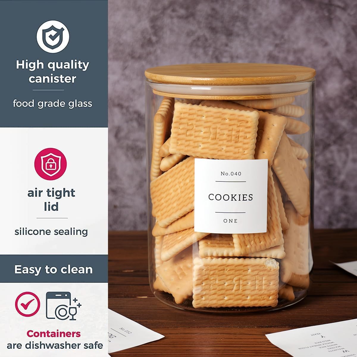 Set of 2 Large Glass Flour and Sugar Containers - 100 Fl oz Thicken Glass Storage Jars with Airtight Bamboo Lid and 132 Kitchen Pantry Labels - Big Clear Rice Containers Farmhouse