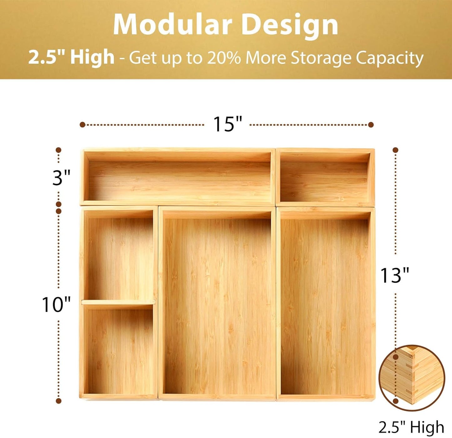 Umilife Drawer Organizer Storage Boxes, 2.5" High Bamboo Drawer Dividers, 5 Rearrangeable Bins for Kitchen, Office Desktop, Clothing, Makeup, vanity, Jewelry