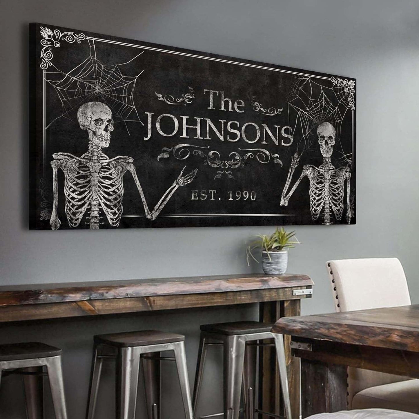Tailored Canvases Gothic Family Wall Decor - Personalized Grunge Vintage Skeleton Room Decor for Home, Halloween Lovers, Men & Women for Bedroom, Living Room - Custom Couple Name, White Print, 36"x12"