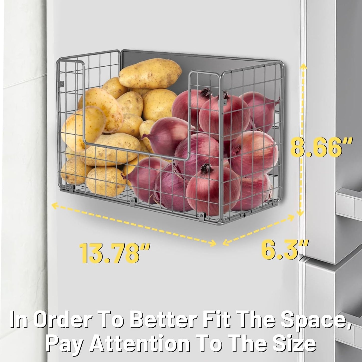 Magnetic Shelf for Fridge, Fruit Potato & Onion Storage Bins, Pantry Organizers & Storage, Large Container Magnetic Basket for Refrigerator, Kitchen Counter,Cabinet Magnetic Fridge Organizer Silver 2