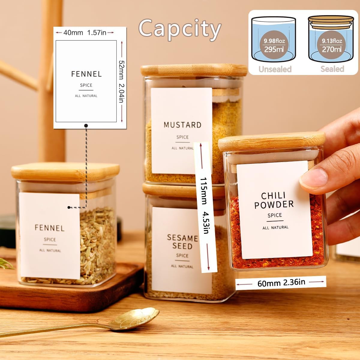 12 Pcs Square Glass Spice Jars with Natural Bamboo Lids - 9oz Airtight Herb Containers with 148 Waterproof Minimalist Spice Labels Preprinted - Empty Small Seasoning Jars for Kitchen Pantry