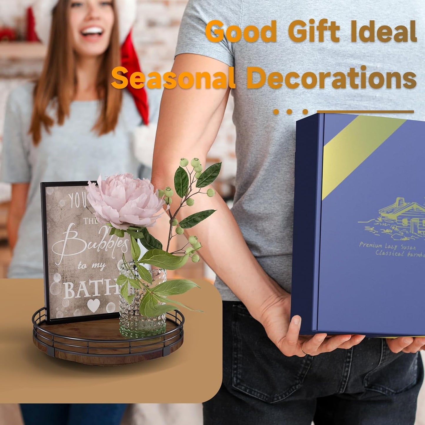 Farmhouse Oak 9" Lazy Susan Turntable Organizer for Cabinet, Round Wooden Lazy Susan Organization and Storage for Dining Table, Pantry, Kitchen, Countertop, Cupboard,Home Decor, Walnut Wood