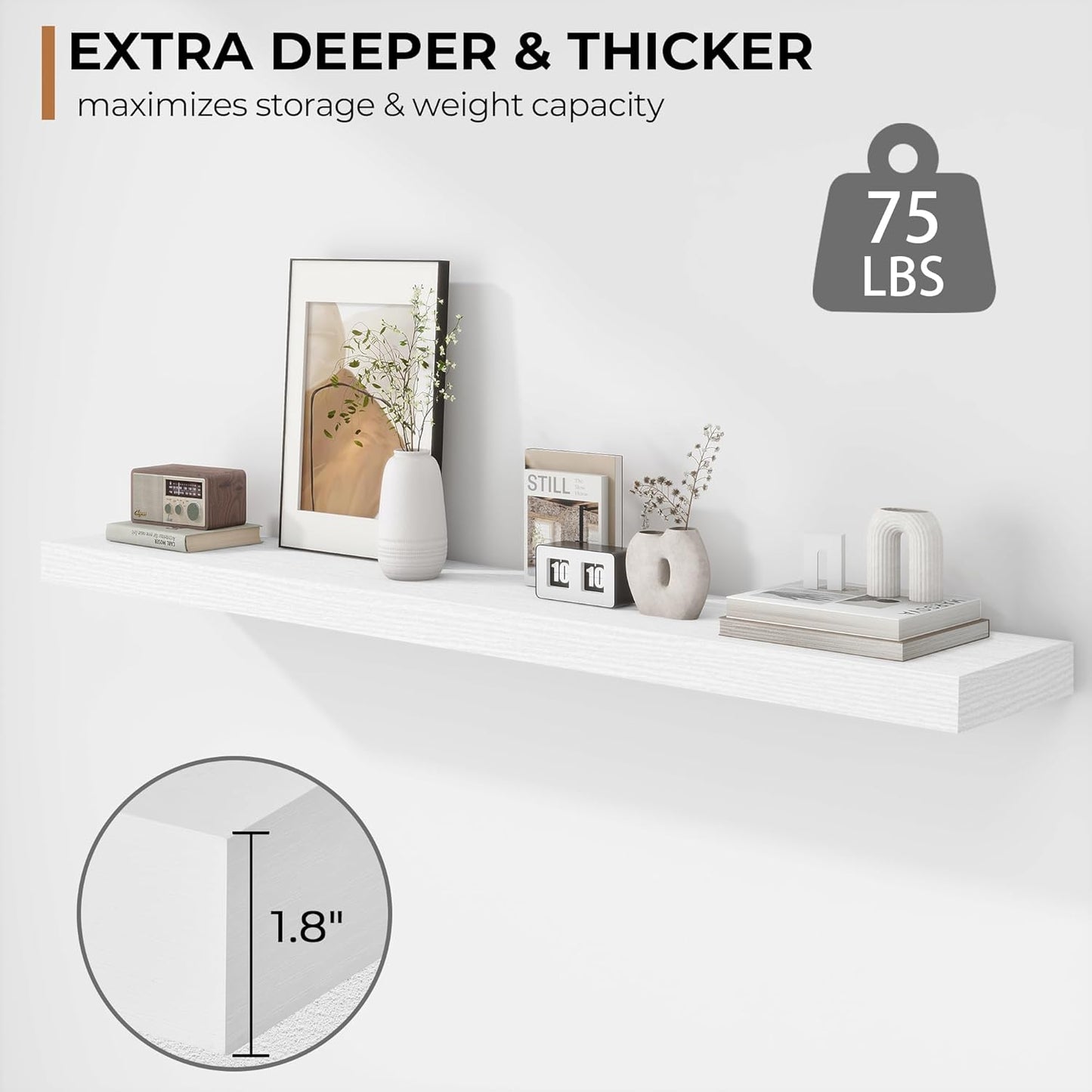 Fun Memories 48 Inch Floating Shelves - Fireplace Mantel Shelf - Deep Wall Mounted Wood Storage Shelf for Bedroom, Kitchen, Farmhouse - 1 Pack, Rustic White