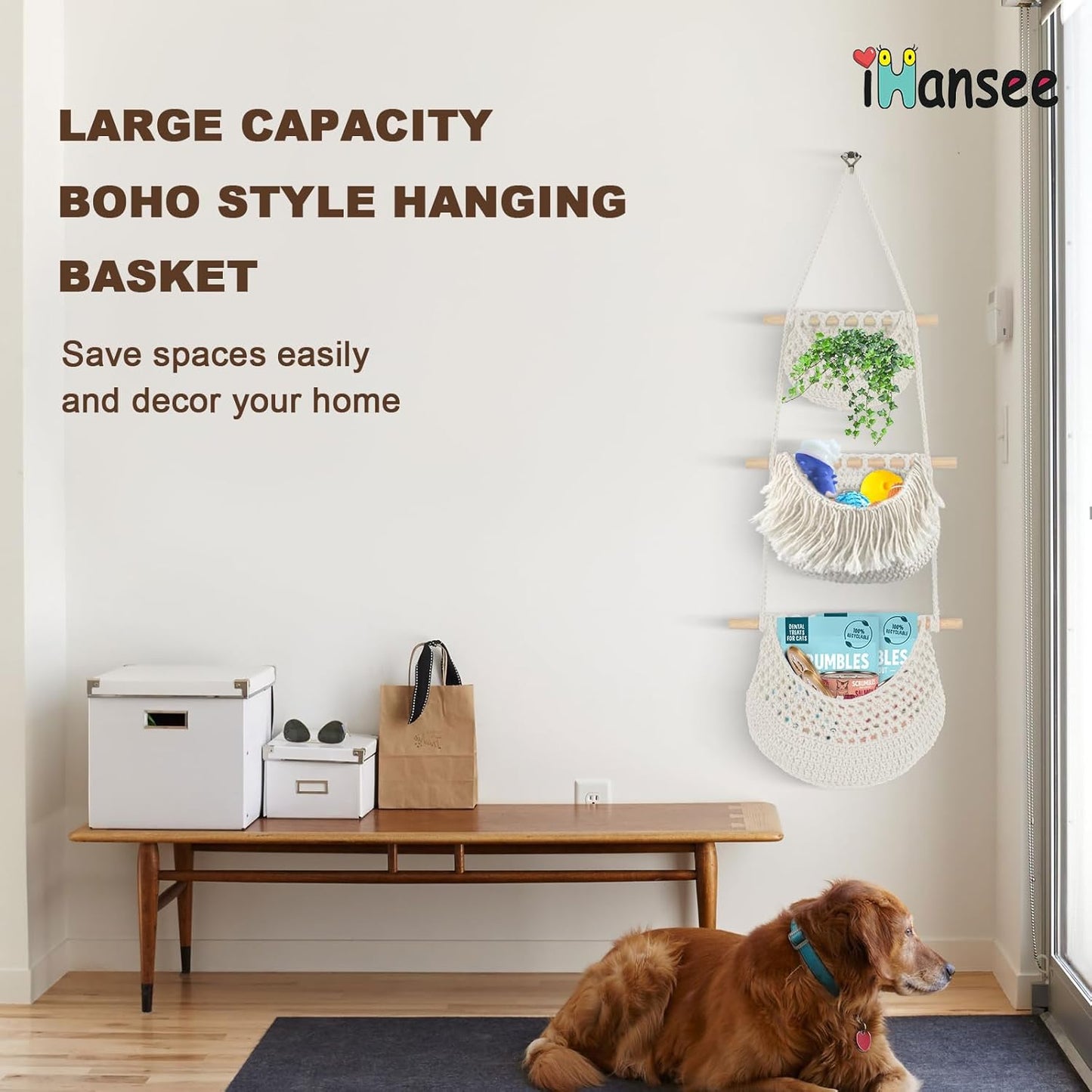 Hanging Baskets for Organizing, 3 Tier Detachable Wall Hanging Fruit Basket Over the Door Organizer for Fruit Vegetable Plant, Beige Boho Cotton Crocheted Fruit Holder for Kitchen Bathroom Bedroom