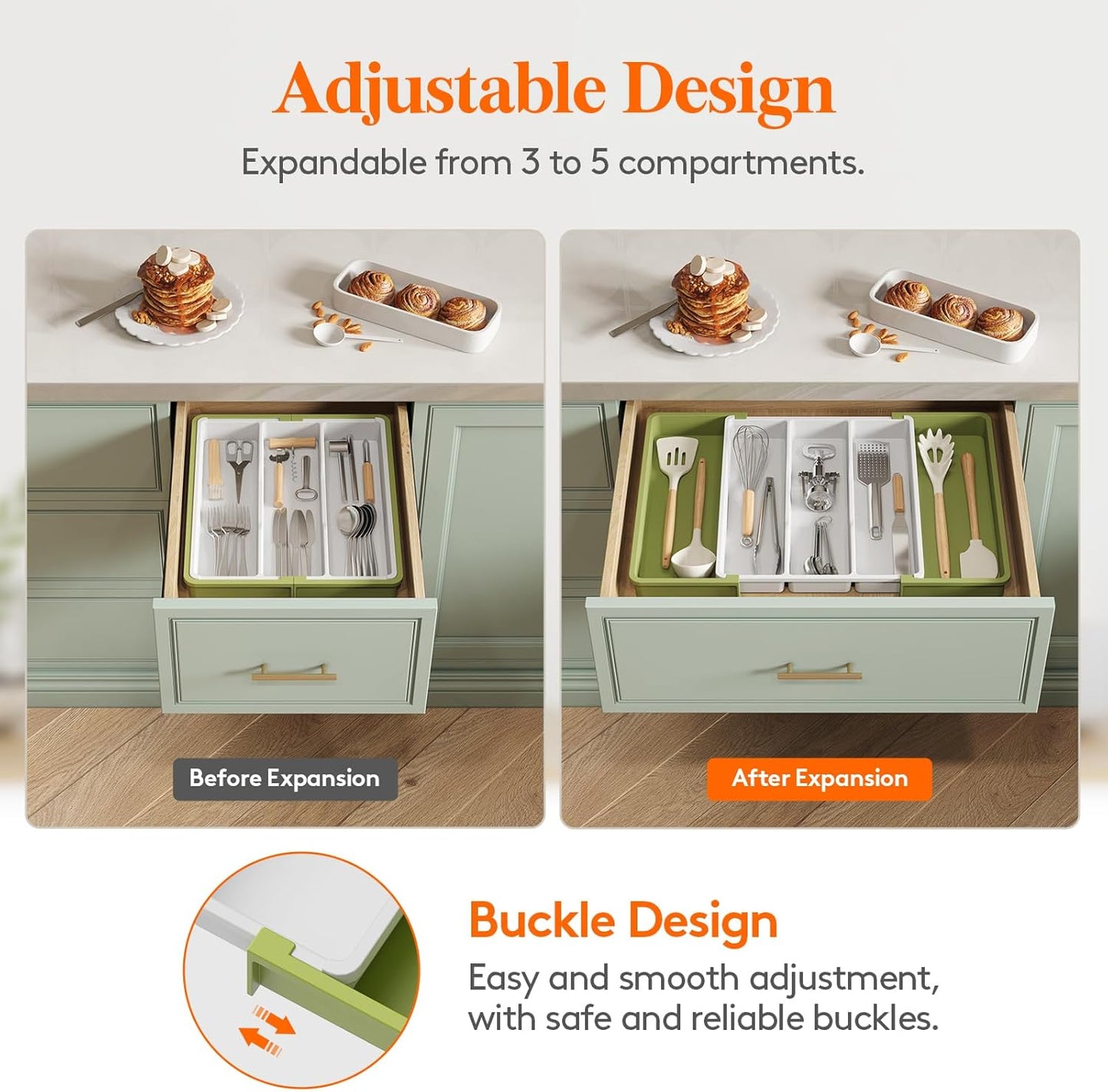 Lifewit Utensil Organizer for Kitchen Drawers, Expandable Cooking Utensil Tray, Adjustable Cutlery Silverware Flatware Holder, Plastic Spatula Tools and Gadgets Storage Divider, Large, Green&White