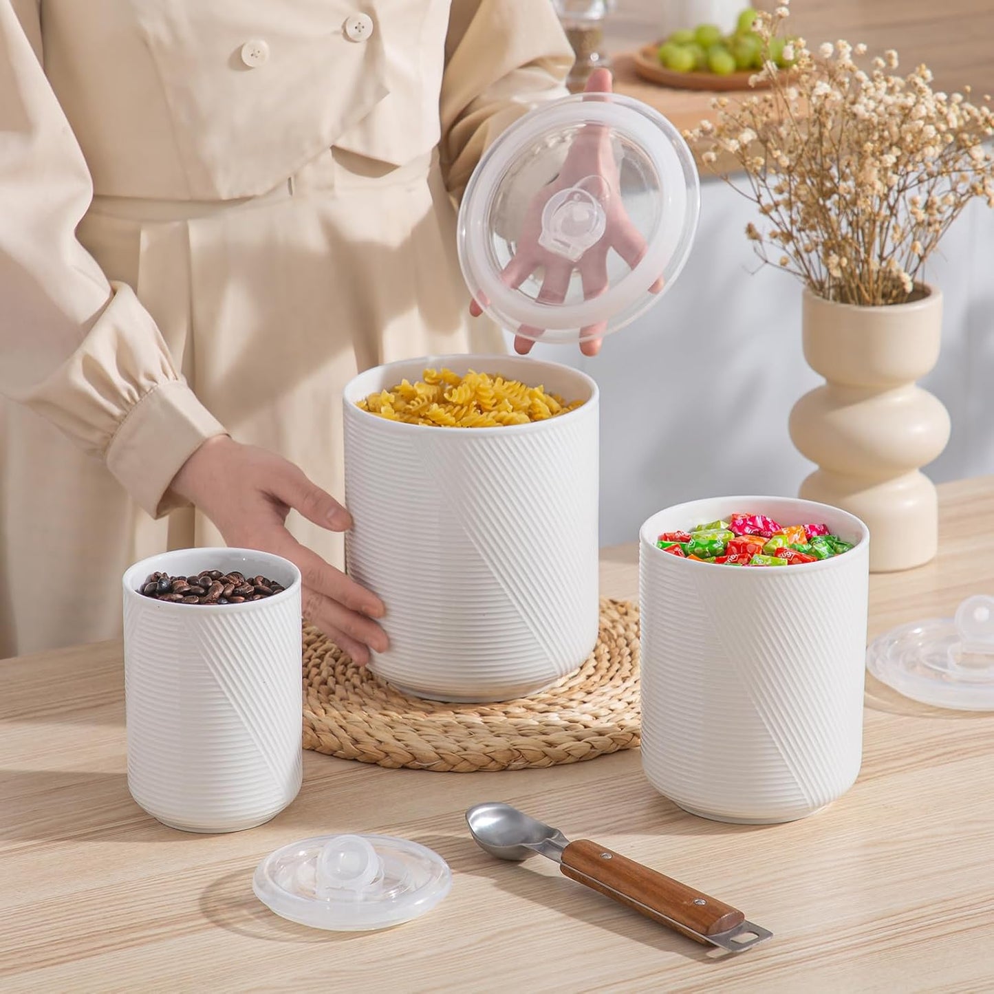 Food Storage Containers with Airtight Lids: Ceramic Canister Sets for Kitchen Countertop - Porcelain Jar for Coffee Tea Flour Sugar Rice Cookies Candy - White (23+42+75 oz)