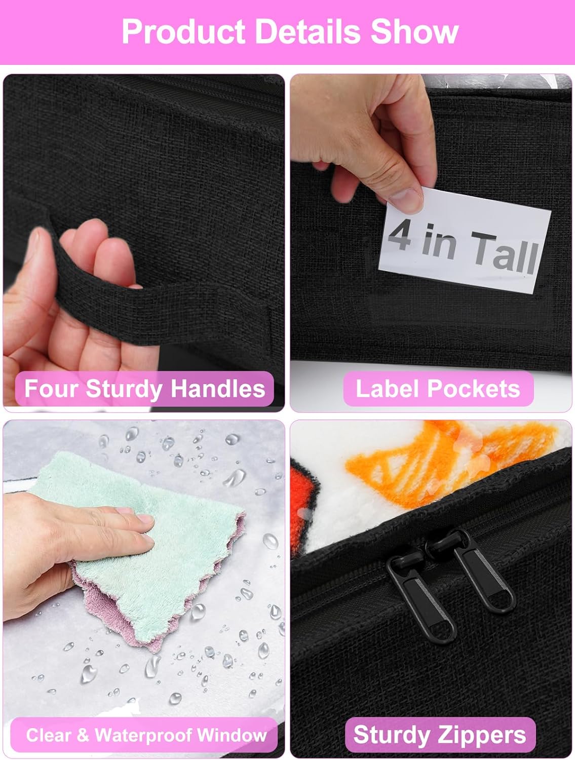 punemi Under Bed Storage Containers, Below 4 Inches Tall Low Profile Foldable Under Bed Storage,No Structure, Soft Fabric Blanket Storage and Clothing Storage with Zipper, 2 Pack, 20x40x3.7in, Black